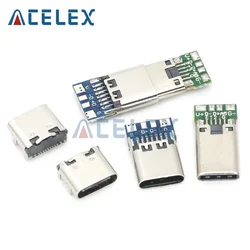 USB 3.1 Tipo-C Conector para PCB Board, fêmea e macho soquete, receptor adaptador, solda fio e cabo de suporte, 10pcs, 12 pinos, 24 pinos