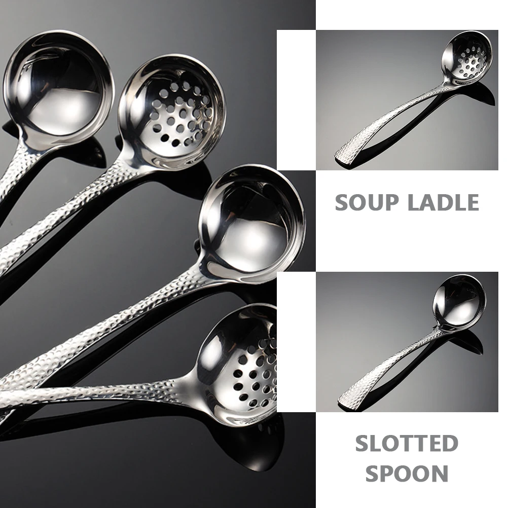 

2pcs Soup Colander Set Stainless Steel Slotted Spoon Long Handle Serving Spoons Kitchen Cooking Long Handle Soup Ladle Utensil