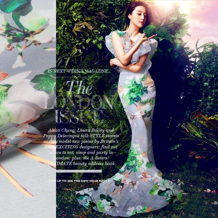 

Зеленый растительный принт, серая шелковая органза, жесткая ткань для летнего платья, рубашки, одежды, Cheongsam, швейный материал «сделай сам», D243