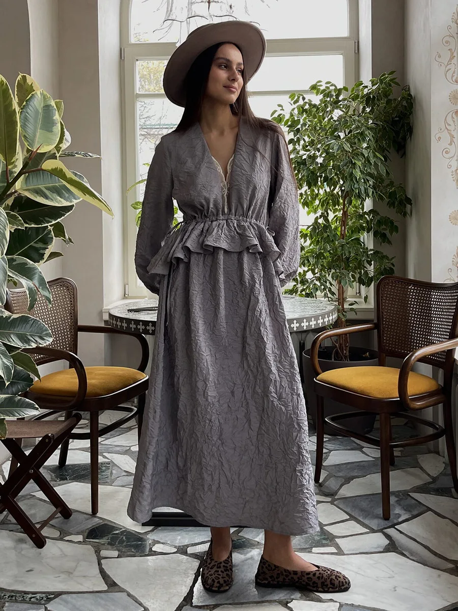 Bornladies Women's Spring Summer New Textured Pleated Dress Ruffle Lantern Sleeve Lace Trim Dress