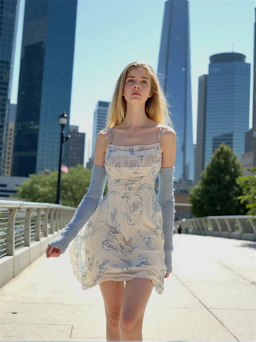 فساتين شيفون صغيرة مُزينة بنقشة الزهور باللون الأزرق السماوي للنساء عتيقة من Preppy Academia المحكمة الفرنسية الأدبية الفنية الأنثوية الكلاسيكية الأنيقة