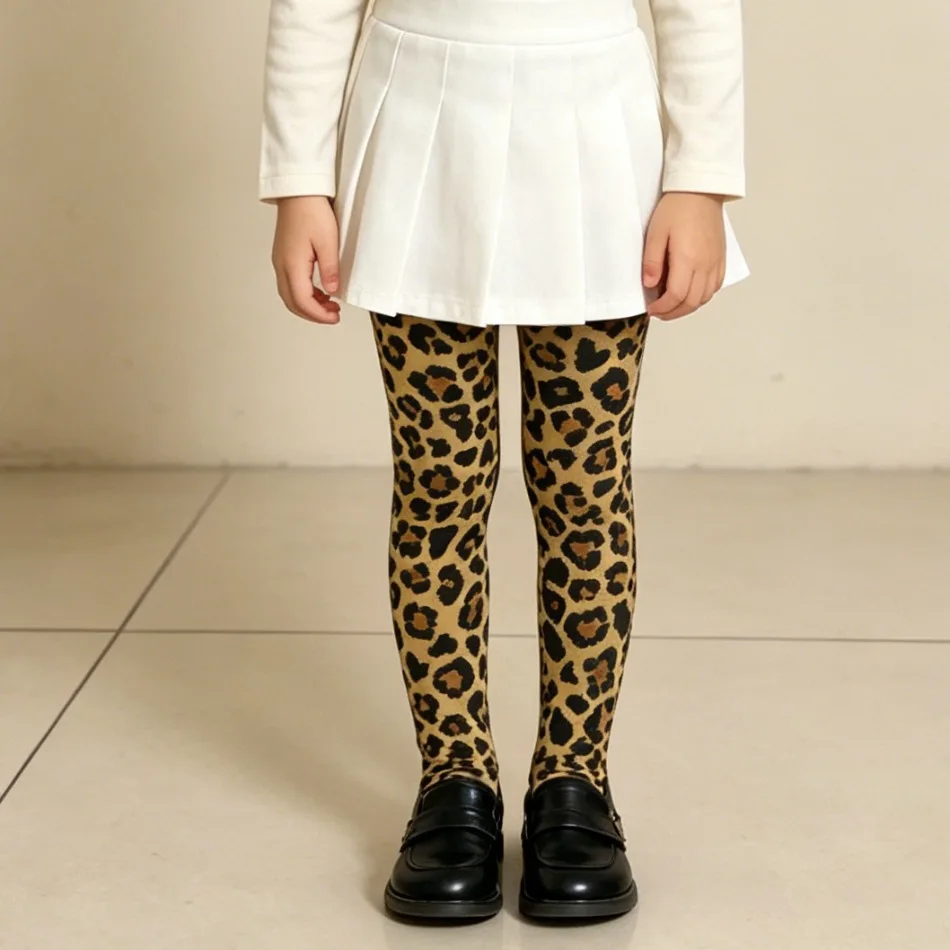 Kids Leopard Print Stretchy Tights Brown Black Animal Pattern Pantyhose Toddler Girls Spring Fall Casual Leggings Outfit XH42