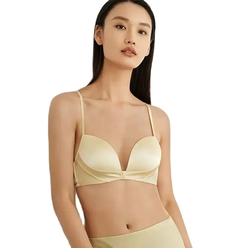 BirdTree 6A Lining 100%Mulberry Silk Gather Bra, Women Solid Wire Free, Thin Sexy Simplicity Underwear, 2024 Summer New P42839QC