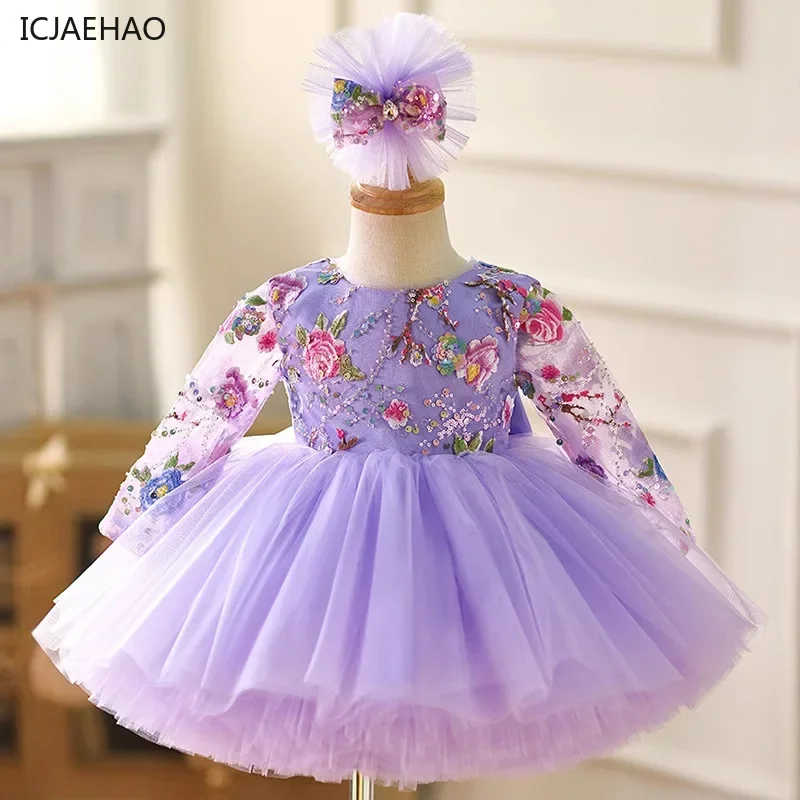 Icjaehao Princess Dress for Girls Dream Purple 1st Birthday Dresses Fluffy Party Prom Kids Infant Children Clothes Vestidos