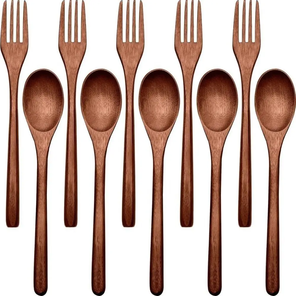 

10Pcs/Set Food-grade Forks and Spoons Set Smooth Natural Portable Cutlery Set Non-slip Simple Service Spoon Kit Dining Utensils