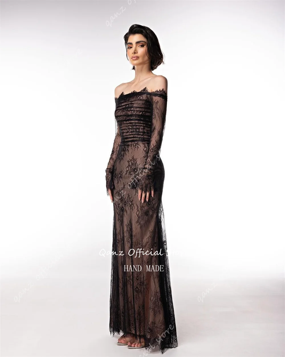 Qanz Luxury Dubai Evening Dress Black Lace Boat Neck Long Sleeves Prom Dresses Mermaid Floor Length Vstidos De Fiesta Elegantes