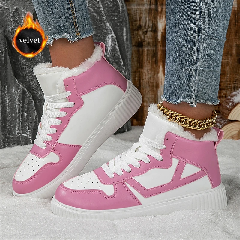 

Зимние меховые туфли для скейтборда, женские модные розовые теплые высокие кроссовки, женские кроссовки, уличная удобная бархатная женская спортивная обувь