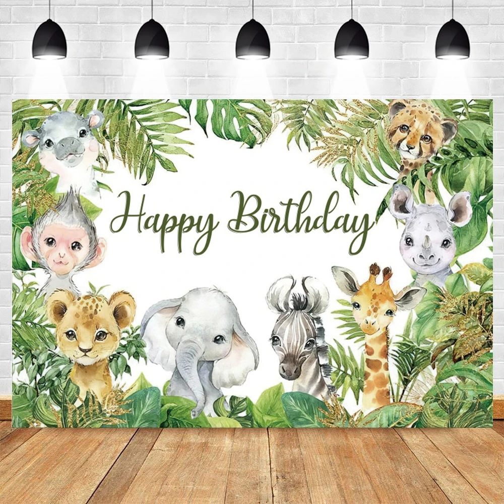 Safari Animals Backdrop Tropical Jungle Forest Green Leaves Wild One Baby Shower Birthday Party Photography Background Decor