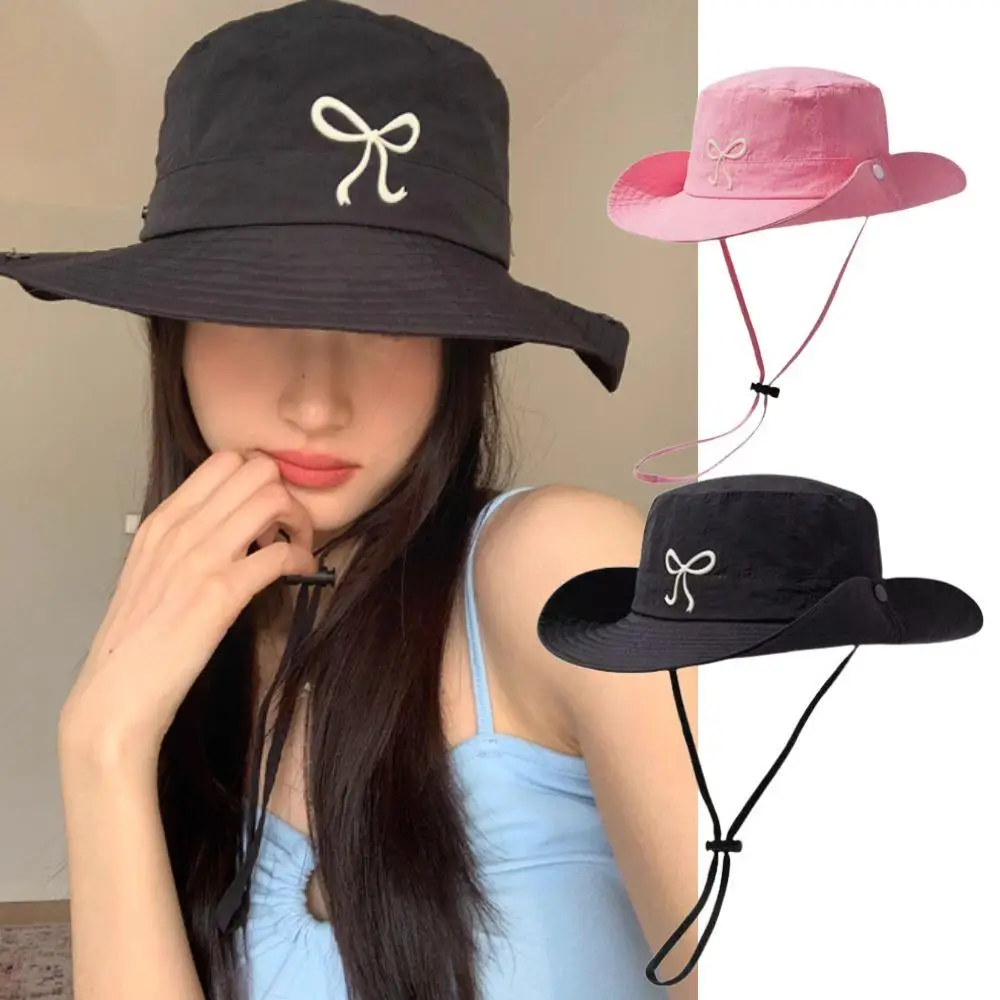 

Korean Wide Brim Foldable Sunscreen Bucket Hat Bowknot Embroidery Fisherman Hats Sweet Color Panama Caps Basin Hats For Women