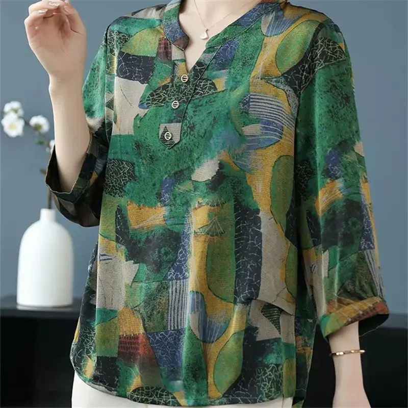 Casual Vintage Female Printed 3/4 Sleeve Tops 2023 Summer Loose All-match Round Neck Spliced T-shirt Fashion Women\'s Clothing