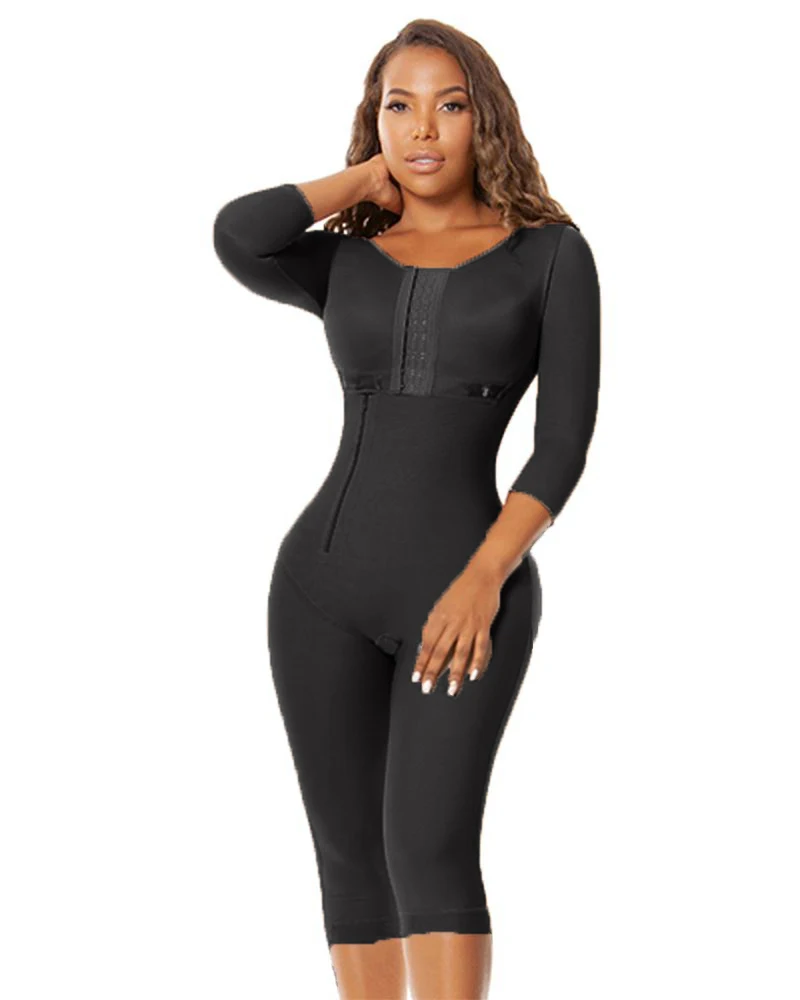 Women Body Shaper High Compression Fabric Long Sleeves Girdles Knee Length Pants Waist Trainer with Bones Side Zipper Bodysuits