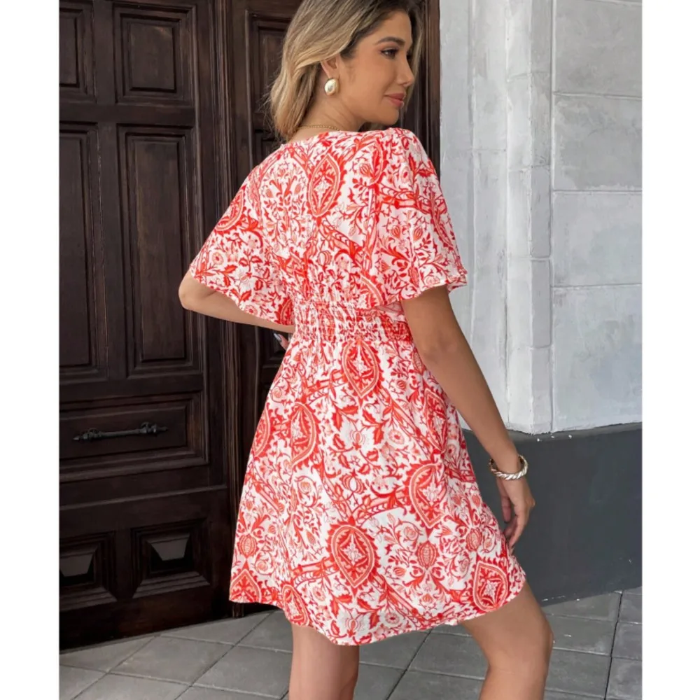 여름 프린트 러플 반팔 여성 비치 드레스 섹시한 딥 브이넥 캐주얼 휴가 우아한 여성 탄력 허리 미니 드레스