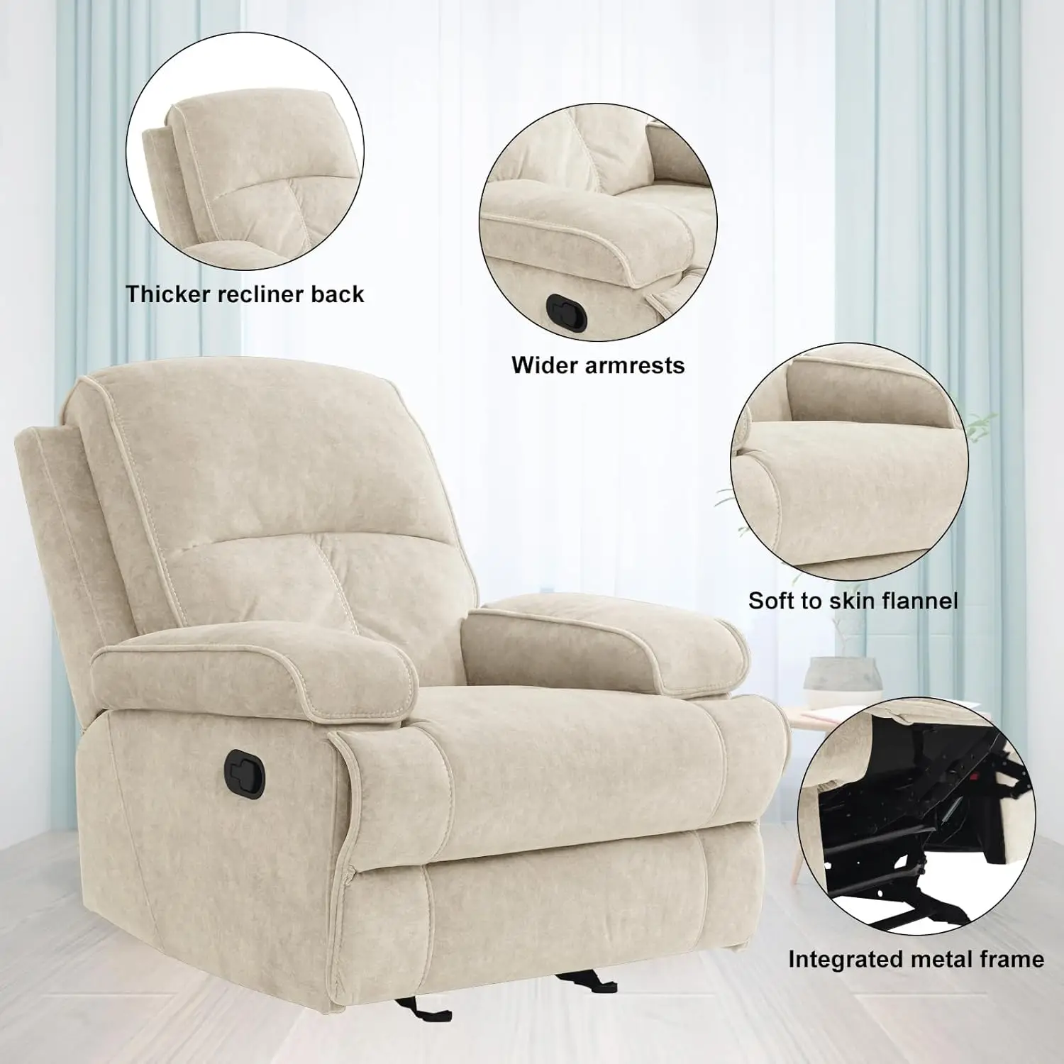 Manual Rocker Recliner, High Back Glider with Deep Seat, Fabric Armchair for Living Room & Nursery, Beige, Customized image 5