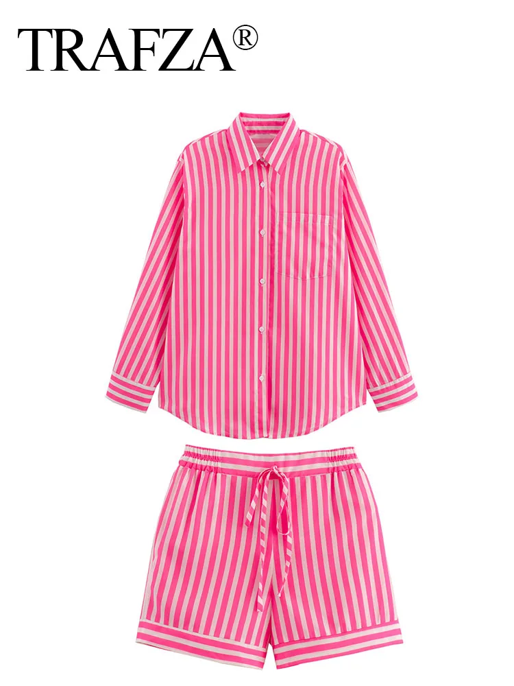 TRAFZA Women Fashion Pink Striped Set Turn Down Collar Single Breasted Shirt Top + Elastic Waist Lace-Up Drawstring Woman Shorts