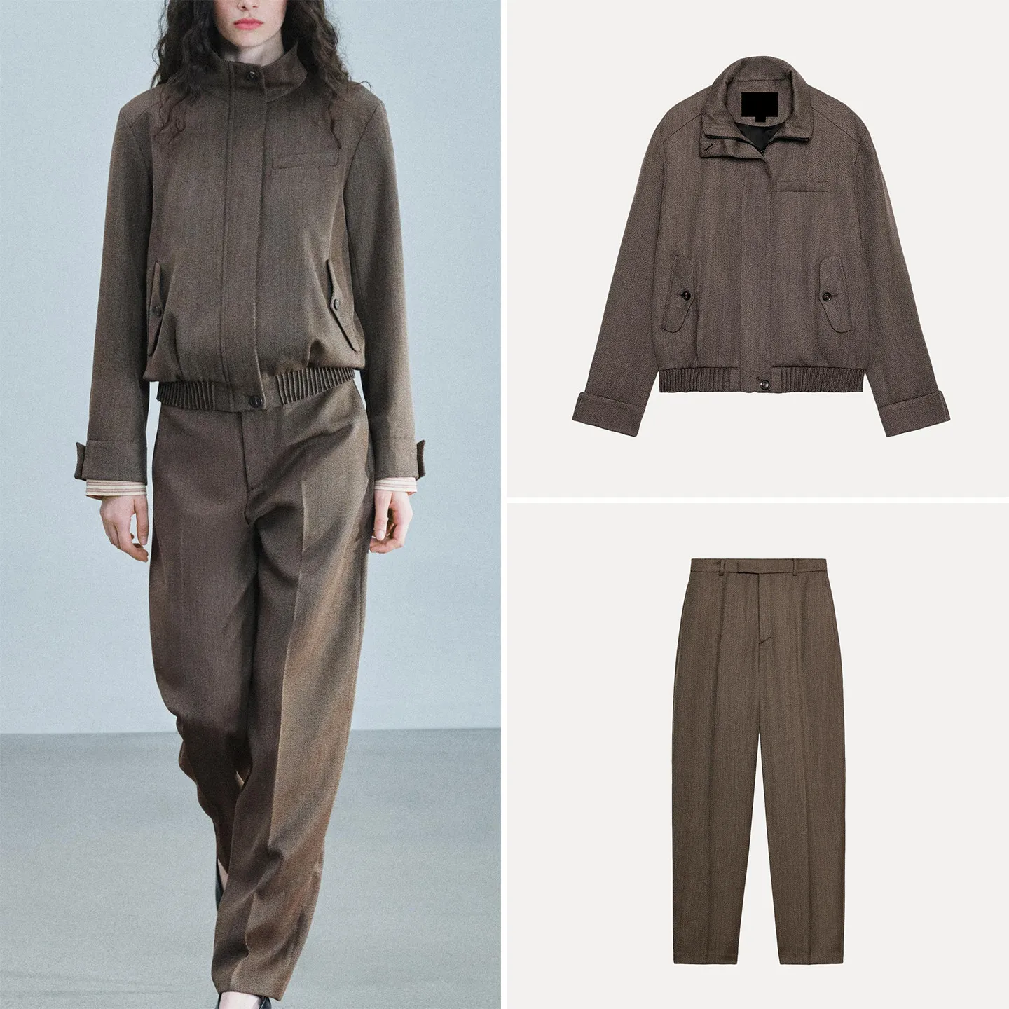 Women's Long Sleeve Stand Collar Jacket Coat Comfortable Fit Pants Two Piece Set Fashionable Autumn Collection ZADATA Brand