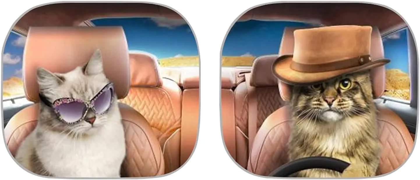 Windshield Sunshades Funny Cowboy Cats Pattern Foldable 2 PC Sun Shade for Car Windshield, Car SUV Truck Interior Sun Visors