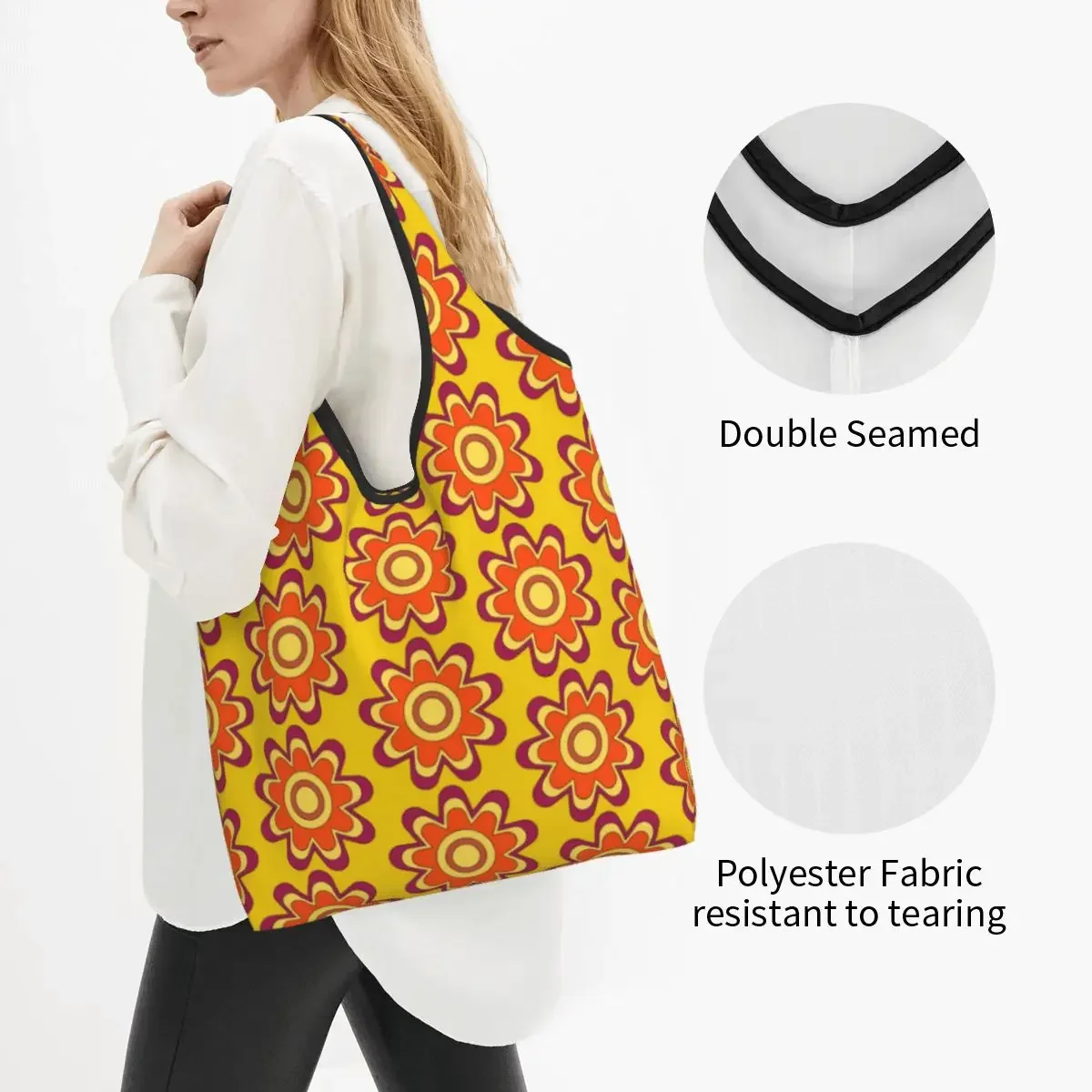 Custom Fashion Printing Groovy Y2k Retro Pattern With Flower Tote Shopping Bags Portable Shoulder Shopper Handbag