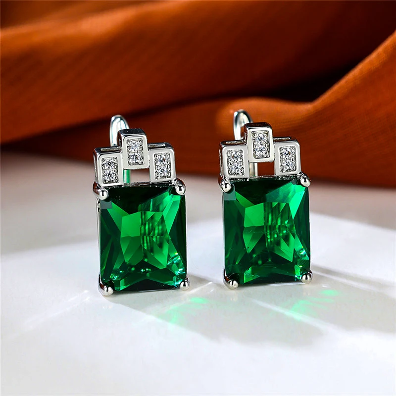 Luxury Female Royal Blue Green Zircon Stone Rectangle Hoop Earrings Charm Silver Color Wedding Jewelry For Women Ear Buckle