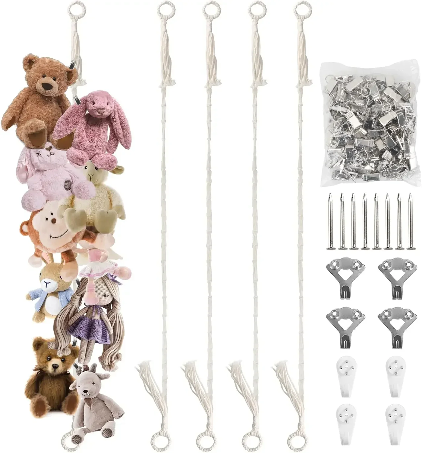 

80 Inch Stuffed Animal Storage Chain with 80 Clips, 4 Pack Beige Hanging Toy Organizer for Wall