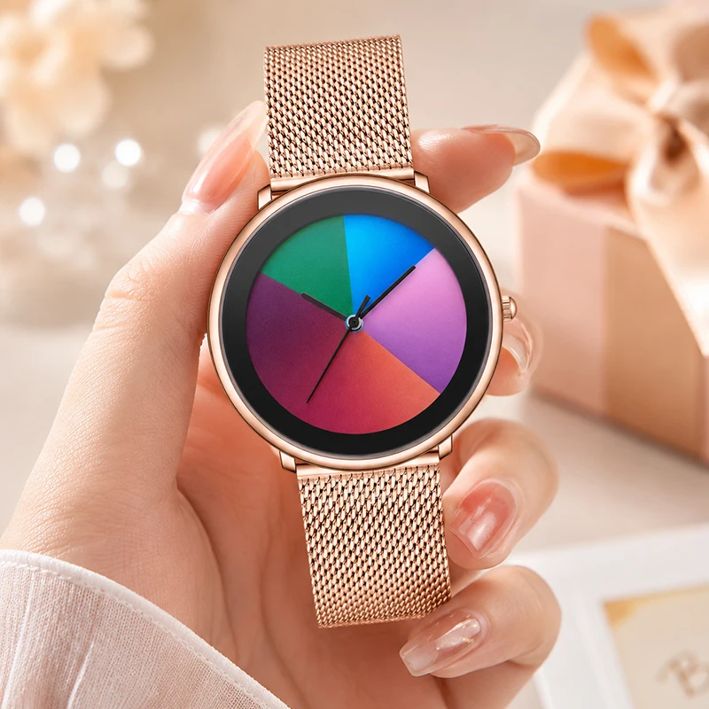 LIGE Simple Women's Quartz Wristwatches Waterproof Round Colorful Dial Fashion Women Analog Dress Watch Birthday Valentine Gift