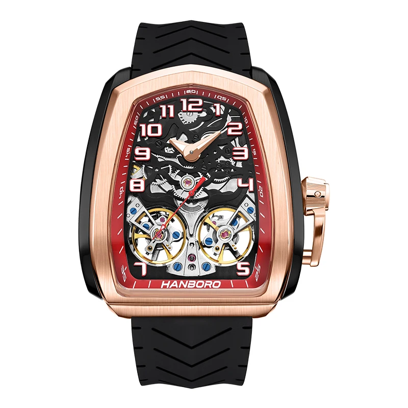 HANBORO volautomatisch mechanisch herenhorloge uitgehold polshorloge trend waterdicht lichtgevend horloge