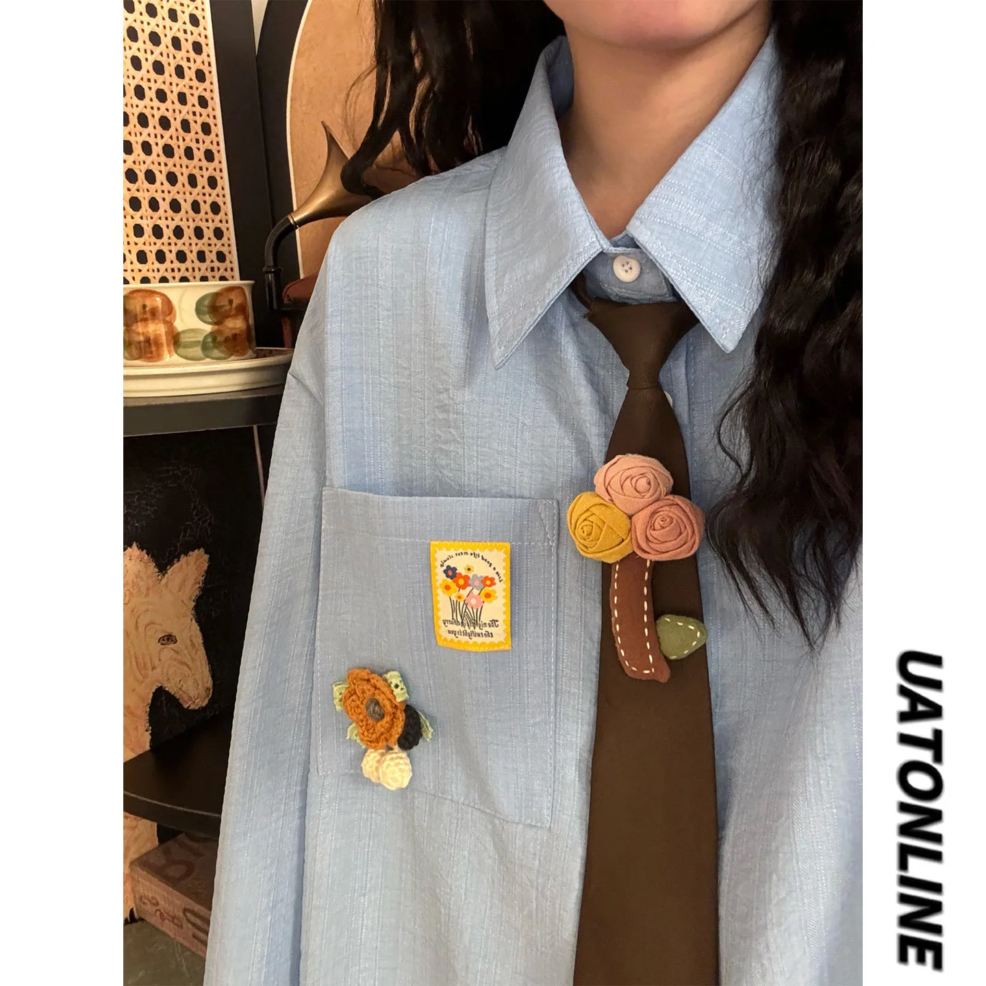 

Spring 2026 Women's Loose Fit Long Sve irt UATONLINE2026 Floral ket Decoration Pure Color Versatile Casual irt