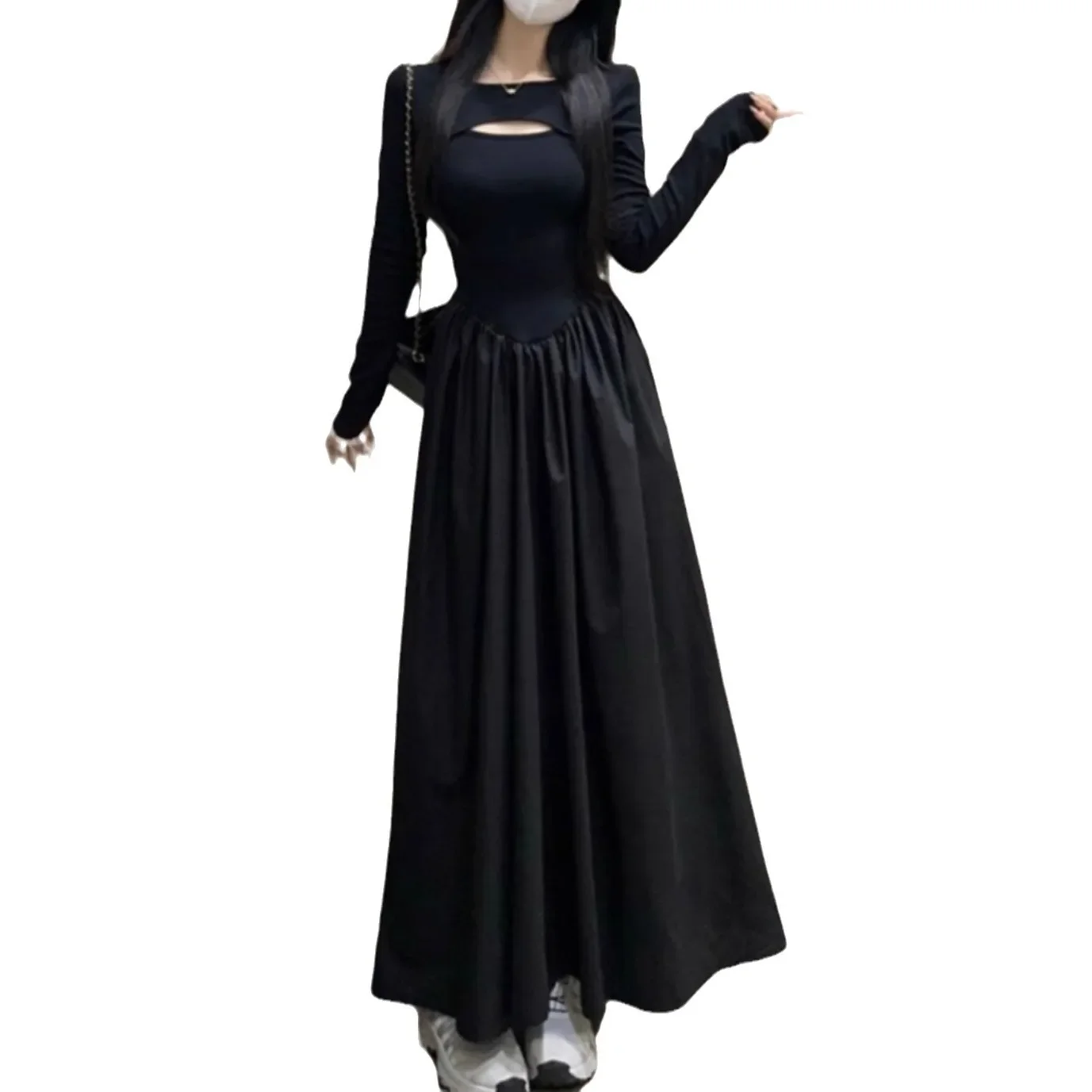 أنيقة سوداء الفرنسية خمر فستان طويل المرأة الراقية هيبورن ملابس داخلية فستان آلهة نمط مخفي سستة إغلاق تنورة