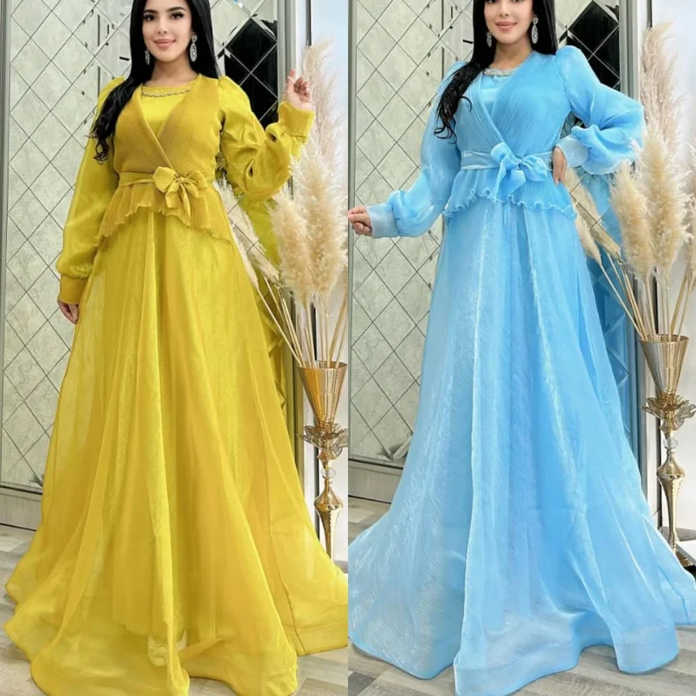 

Customized Organza Sequined Bow Ruched Celebrity A-line High Collar Bespoke Occasion Gown Long Dresses