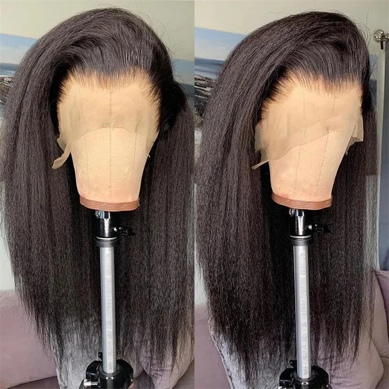 

Soft 30" Long Black Yaki Kinky Straight 180 Density For Black Women With Preplucked BabyHair Synthetic Glueless Daily Wear Wig