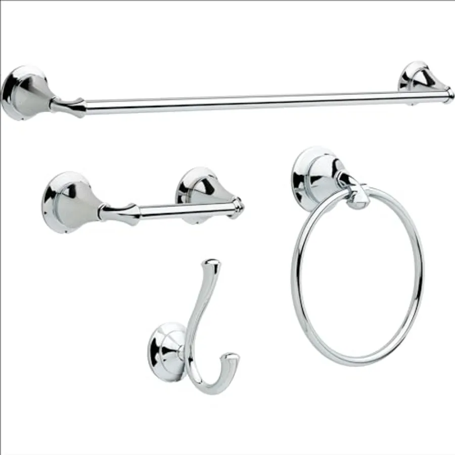 

Delta Linden 4-Piece Bath Hardware Set with 24 in. Towel Bar Toilet Paper Holder Towel Ring Towel Hook in Polished Chrome