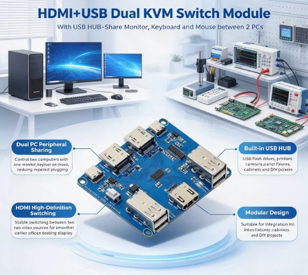 Dual‑Channel KVM Switch Module 480Mbps USB HUB 2 Hosts Share One Set Monitor Keyboard Mouse Button Switch with LED Indicator
