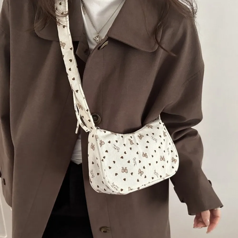 

Small Size Underarm Shoulder Bag Bowknot Print Large Capacity Mini Corduroy Handbag Eco Cloth Pleated Strap