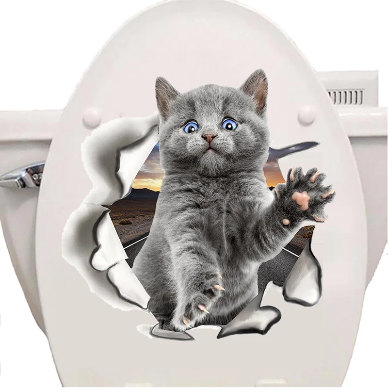 Fashion 3D Cats Toilet Stickers Lovely Animal Wall Decal Lovely Blue Cat Home Decor Art PVC Vinyl Bathroom Decoration Waterproof