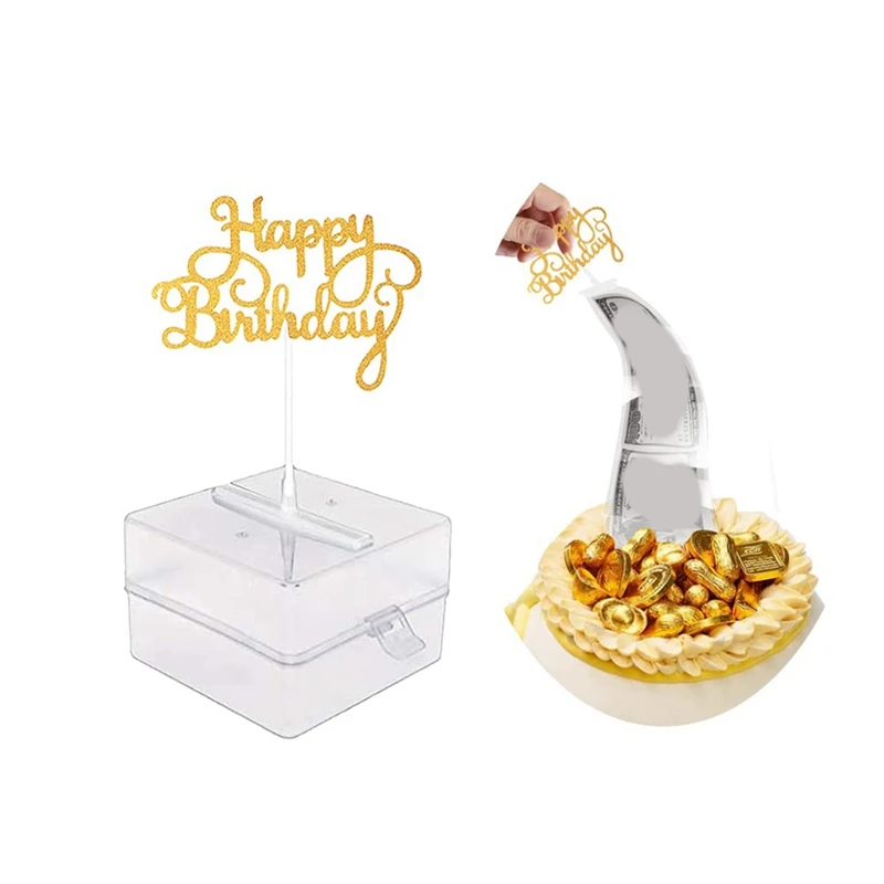 Cake Money Box Set, Money Pulling Cake Making Mold, As Shown Plastic With Gold Glitter Happy Birthday Cake Topper