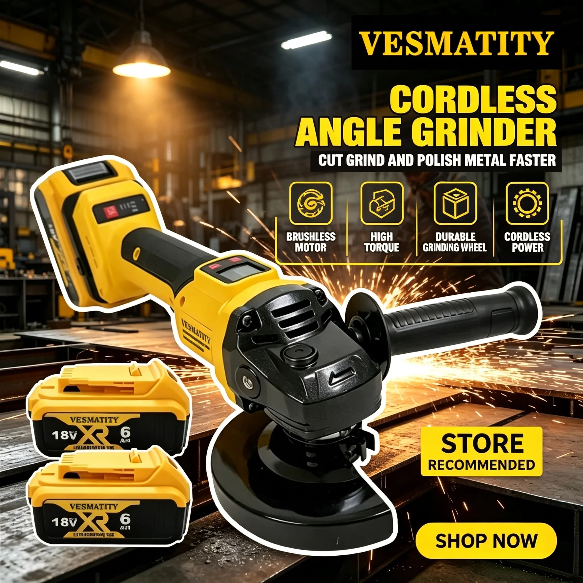Brushless Angle Grinder Battery Powered - 研磨機 VESMATITY ブラシレスアングルグラインダー 100/125mm 金属研磨 4段階ギア