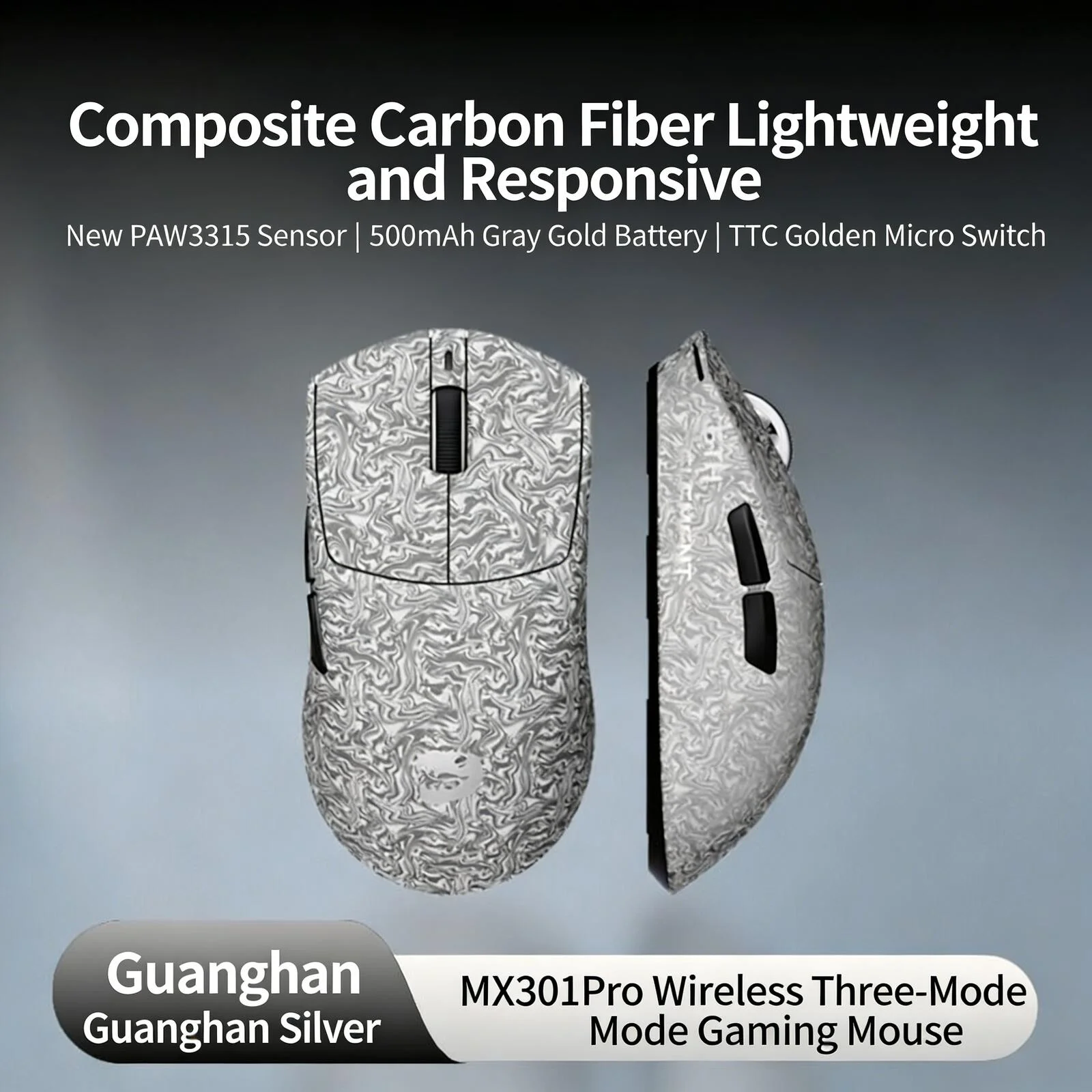 

MX301PRO Tri-mode Wired/2.4G/Bluetooth Mouse PAW3315 Sensor Carbon Fiber Shell Anti-slip Stickers 500mAh Mice For PC Laptop Game