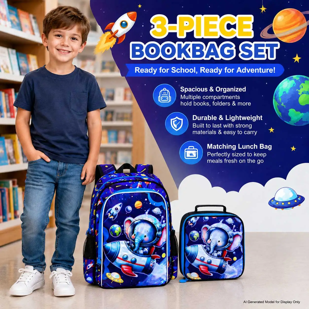 3Pcs Boys 16" Galaxy Space Elephant Rocket Backpack Set Kids School Bag with Handbag Pencil Pouch for Elementary Little Boys