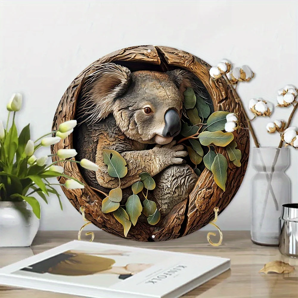 Metal Sign Faux Wooden Carved Painted Circular Wreath Sign Office Decoration Father's Day Gifts Koala Themed Decoration retro