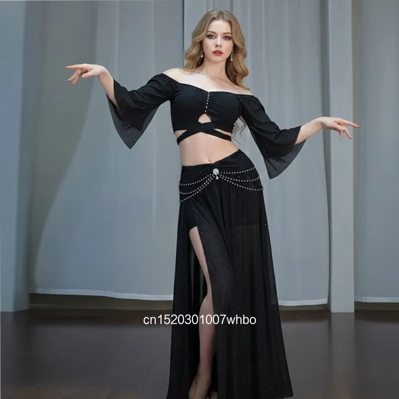 Women's Belly Dance Practice Clothing Adult Dance Set Slimming Ruched Top High Skirt Stretchy Oriental Dance Training Outfit