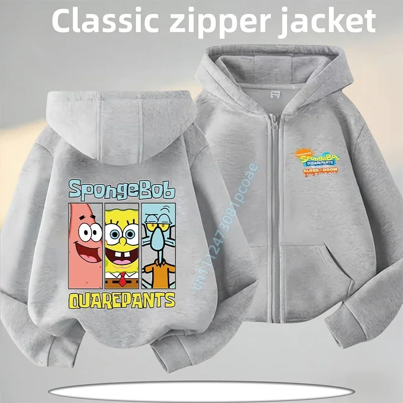 2026 New SpongeBob Cartoon Print New Style Children's Zippered Hooded Sweatshirt Casual Jacket Autumn/Winter Coat Polo Shirt