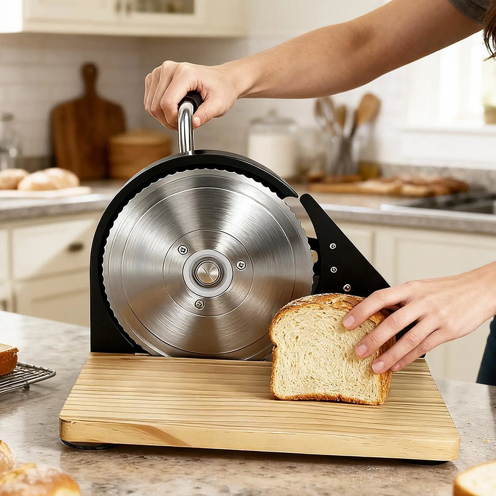 

Homemade Bread Slicer Hand Crank Manual Adjustable Cutter for Crusty Breads Kitchen Baking Accessory