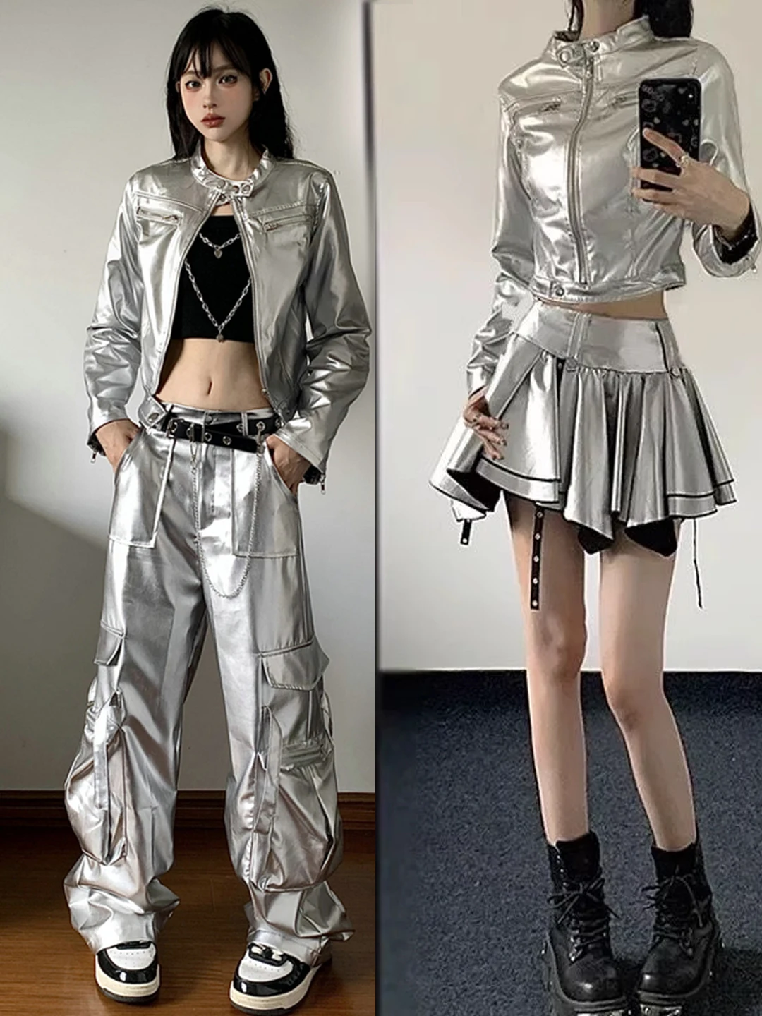 Silver Tech Feel Hip Hop Jazz Dance Streetwear Fashion Show Model Suit Women's Ensemble Bar Performance Outfit Stage Costume