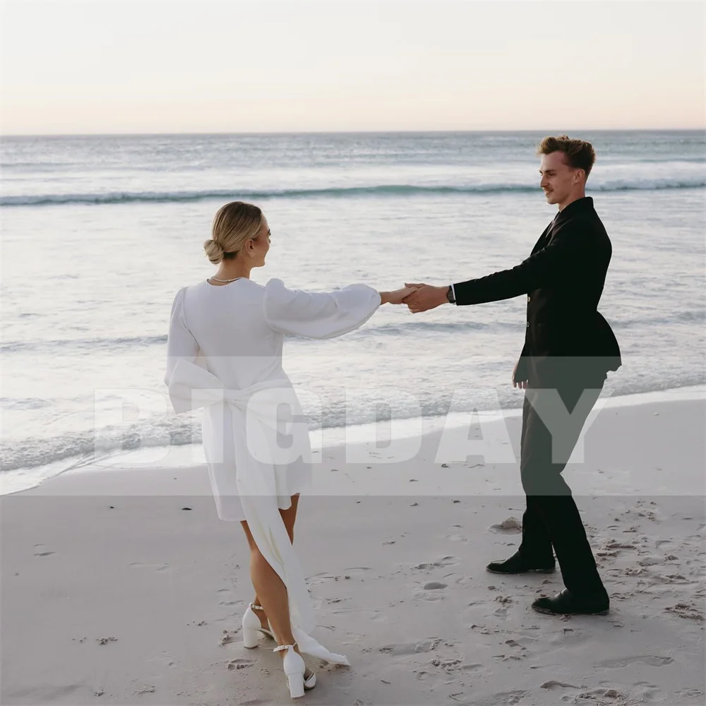 Modern Beach Short Wedding Dress Women 2025 Bow V-Neck Sheath Simple Above-Knee Pleat Bridal Gown Vestido De Noiva Customized