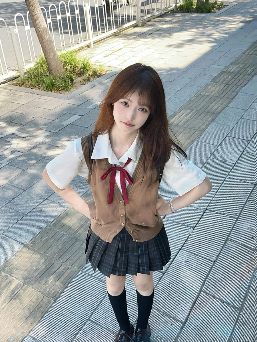 

Original JK Uniform Women's Autumn Winter Outerwear Knitted Vest Carbon Grey Skirt Set School Style Fashion Student Outfit