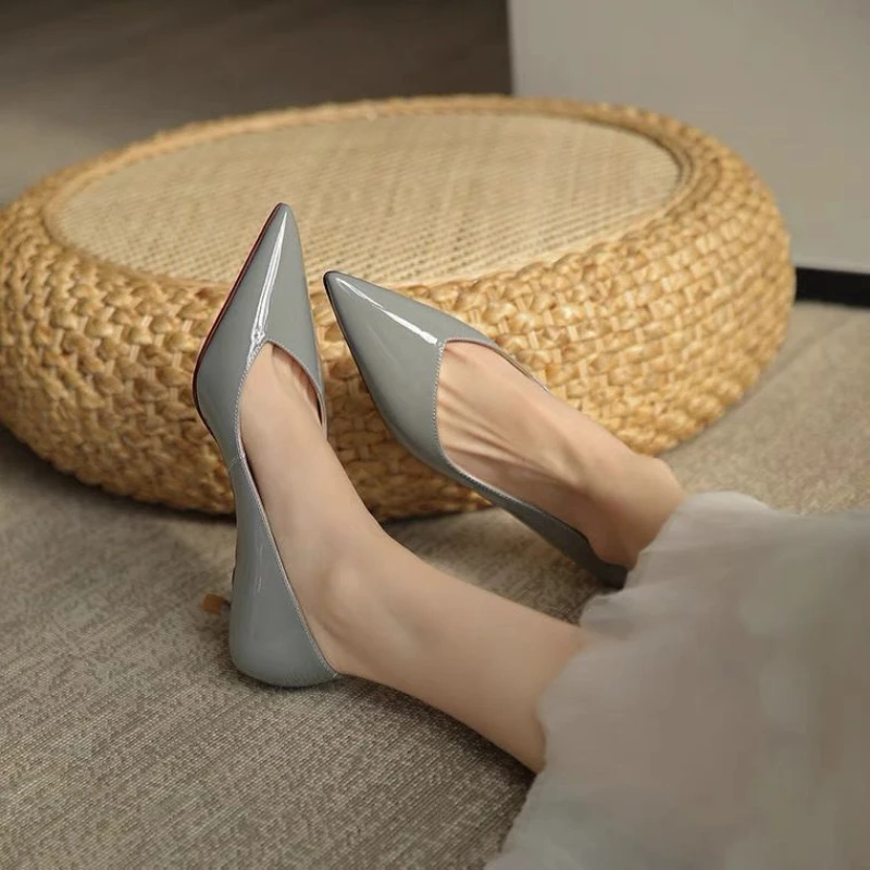 Patent Leather Pumps Women Stiletto Professional Shoes 2024 New Gray Pointed High Heels Mid-heel Women\'s Shoes