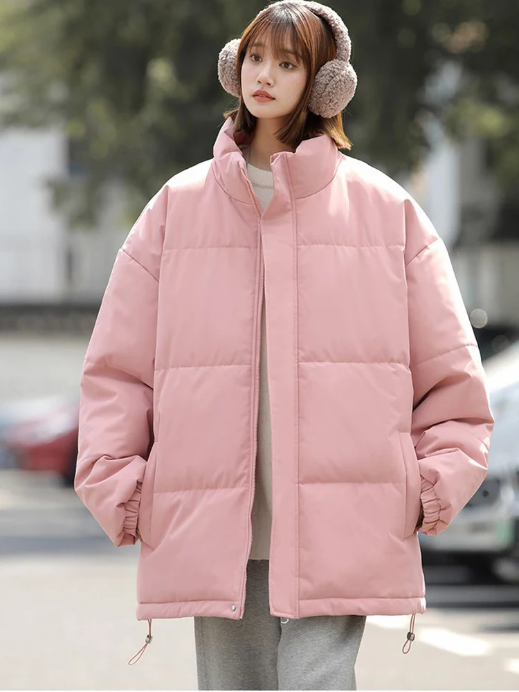 Solid Stand Neck Thicken Parkas Tops Winter Warm Zipper Long Sleeve Jackets Korean Fashion Cotton Padded Lined Chaqueta Mujer