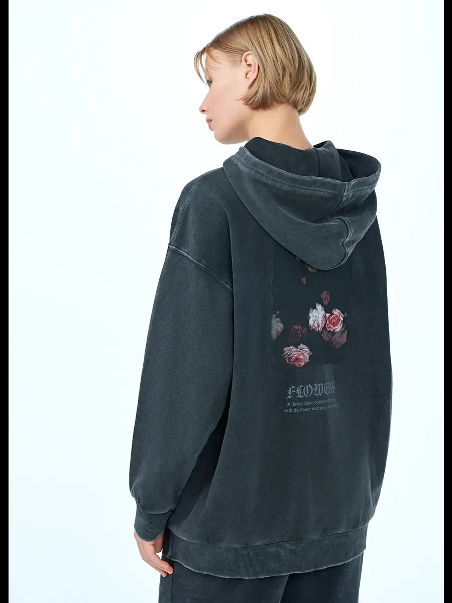 Bluzy z kapturem w stylu dark punk z grafiką, postarzane, sprane, czarne, oversize, estetyczne bluzy z nadrukiem kwiatów i liter, Harajuku