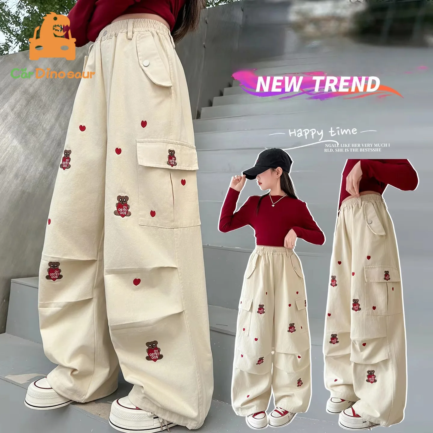 

Детские брюки-карго 2026: Новинка весны-осени, повседневные, универсальные, эластичные, милые, с вышивкой, широкие штанины, для подростков и детей