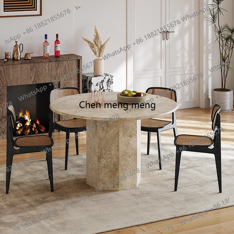 

Living room round natural travertine dining table household small apartment, modern simple dining table retro marble