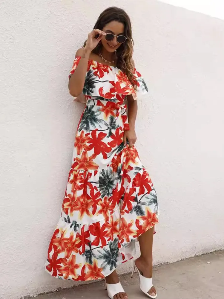 Summer Women's Fashionable Printed Sleeveless Off Shoulder One Piece Collar Lotus Leaf Edge Strap Waist Collection Long Dress